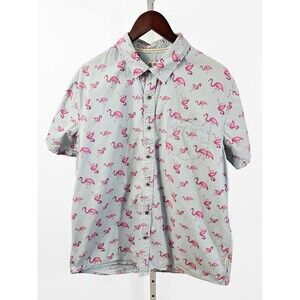 VSTR Large Men's Blue Pink Flamingo Short Sleeve Button Down Shirt